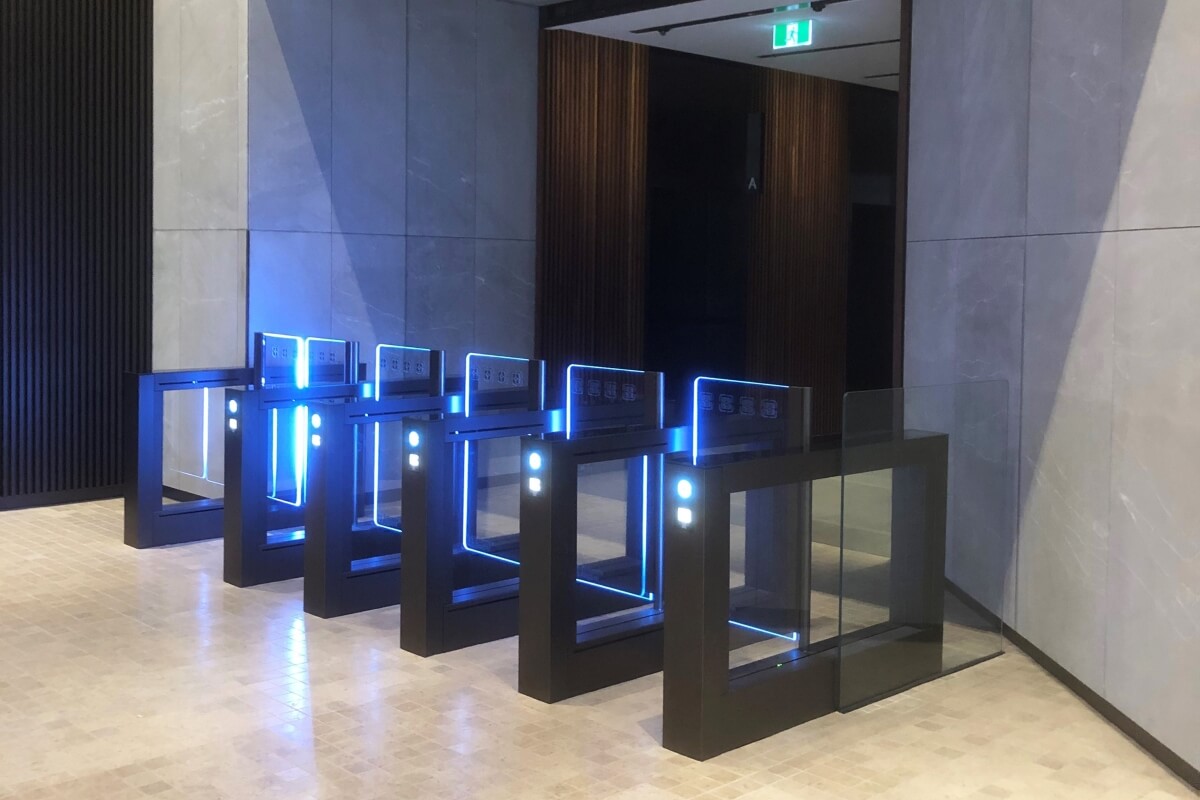Five lanes of EasyGate SPT speedgates in the lobby of Adelaide Festival Tower.